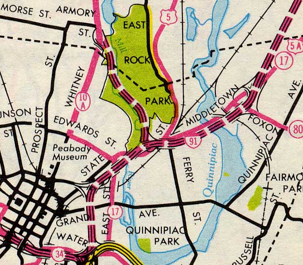 Proposed East Rock Connector, ConnDOT 1964 highway map