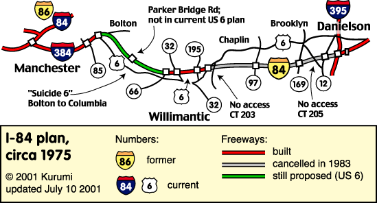 map of proposed I-84 from Manchester to Rhode Island