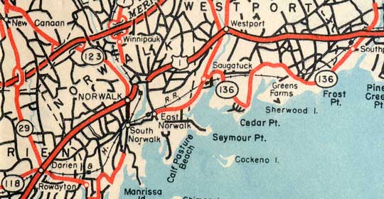 Route 136, shown in scan from 1943 CT official map